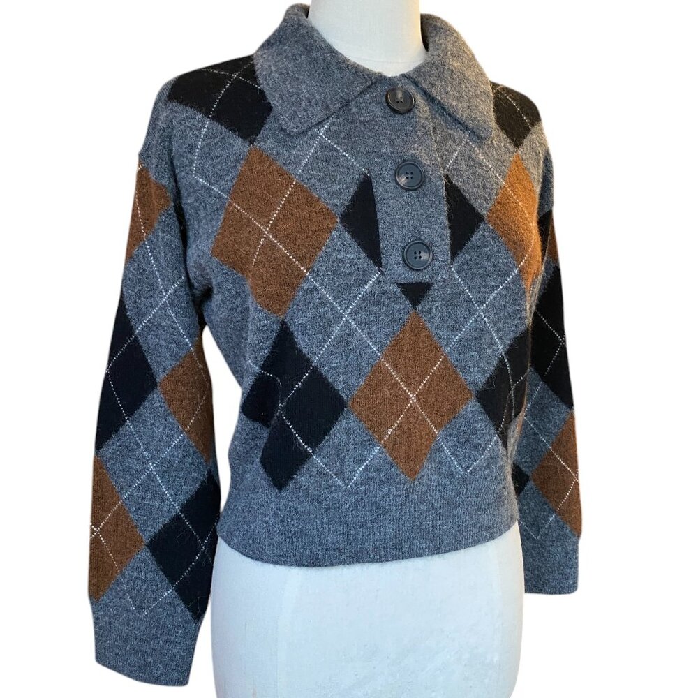 Rails Shae Wool Alpaca Argyle Cropped Sweater Polo Collar Preppy Dark Academia-M